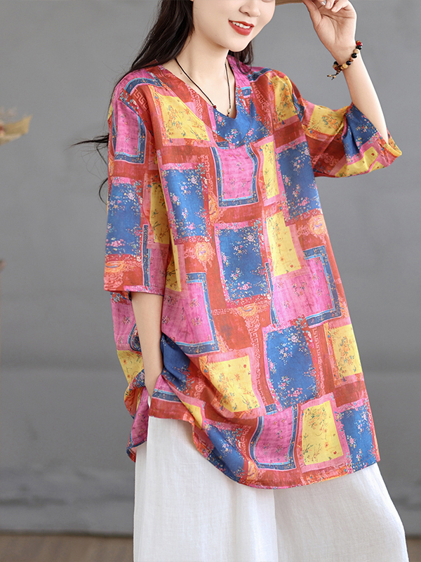 캐주얼 린넨 프린트 탑 빈티지 루즈핏 V넥 미디 길이  - Casual Loose Linen Shirt Dress 리뷰 및 가격