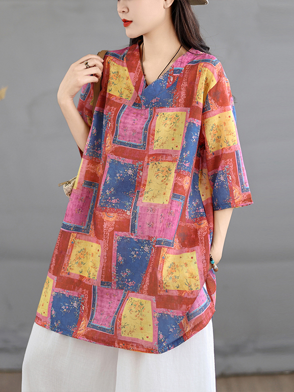 캐주얼 린넨 프린트 탑 빈티지 루즈핏 V넥 미디 길이  - Casual Loose Linen Shirt Dress 리뷰 및 가격