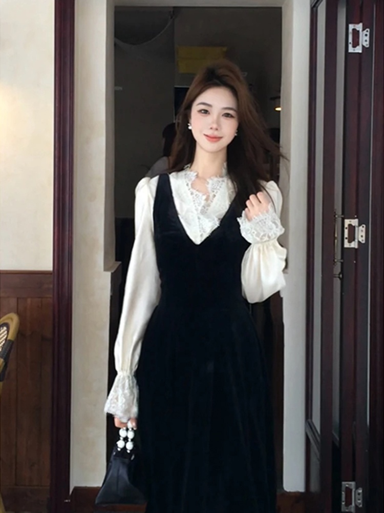 XZY 시크 레이스 패치워크 실크 셔츠 여성용 초가을  - Korean Style A Line Shirt Dress 리뷰 및 가격