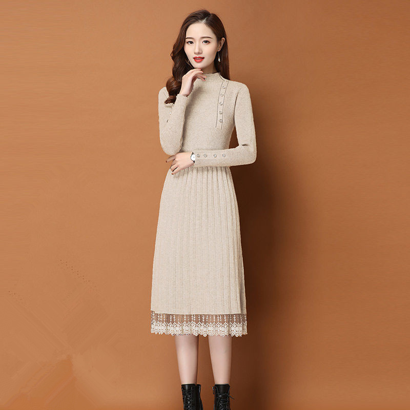 레이스 밑단 버튼 여성 가을 ​​겨울 스웨터 니트 라인 - Bodycon Long Sleeve Ribbed Dress 리뷰 및 가격