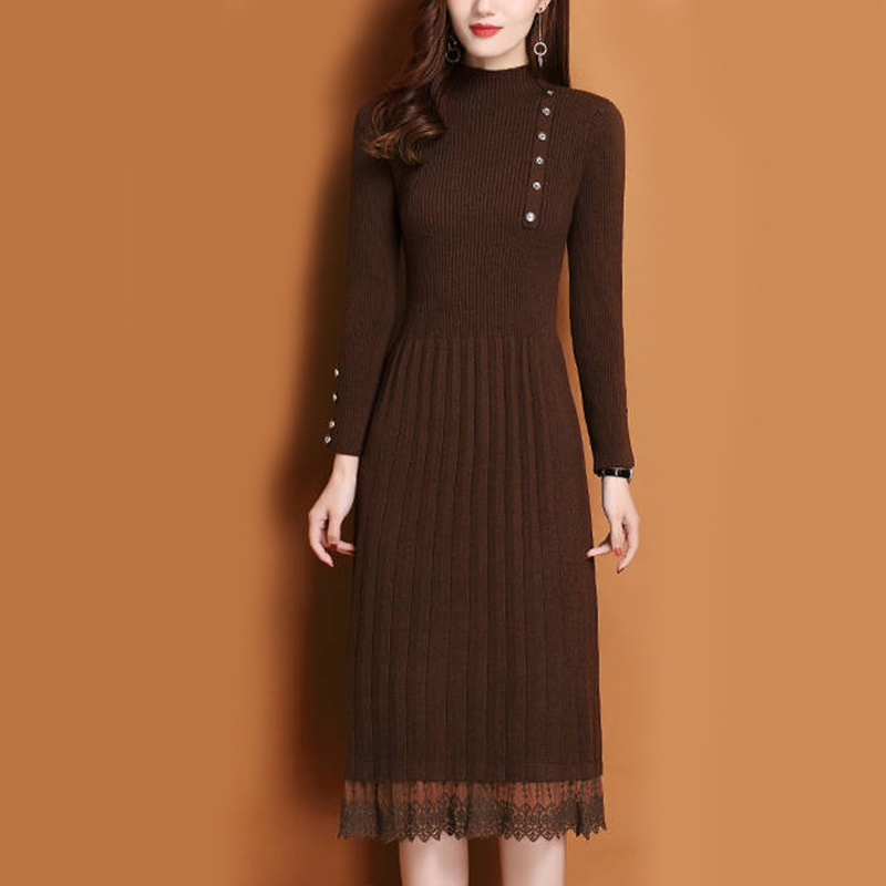 레이스 밑단 버튼 여성 가을 ​​겨울 스웨터 니트 라인 - Bodycon Long Sleeve Ribbed Dress 리뷰 및 가격