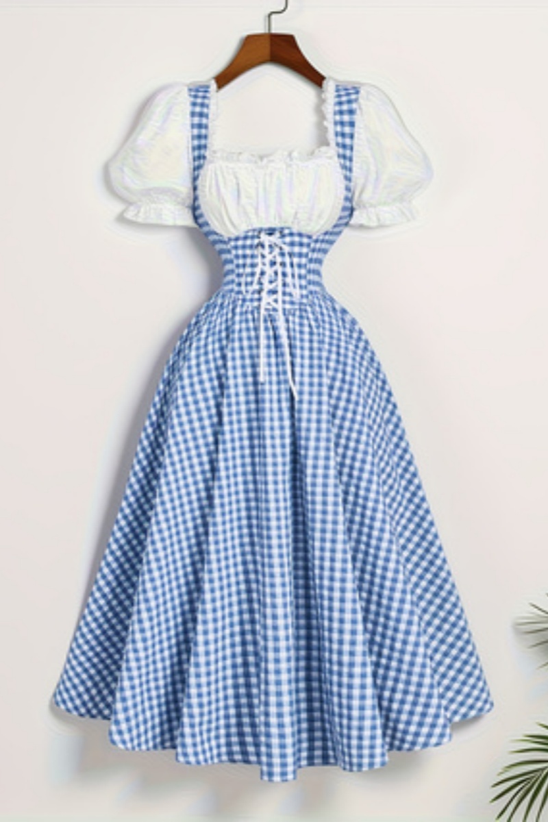 여성 패션 블루 앤 화이트 그리드 스플라이싱 스트랩 웨 - French Vintage Floral Midi Dress 리뷰 및 가격