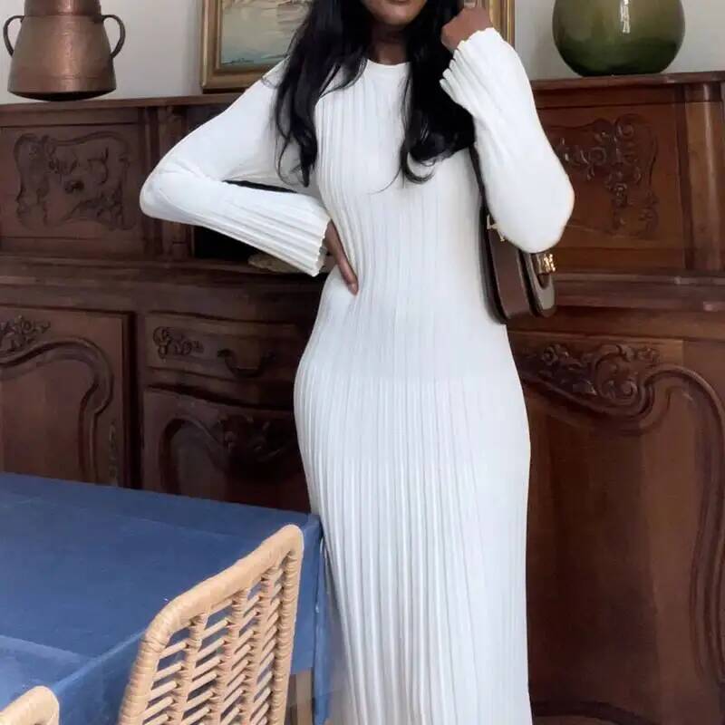 여성 우아한 골지 니트 풀 슬리브 맥시 드레스 크루넥  - Bodycon Long Sleeve Ribbed Dress 리뷰 및 가격