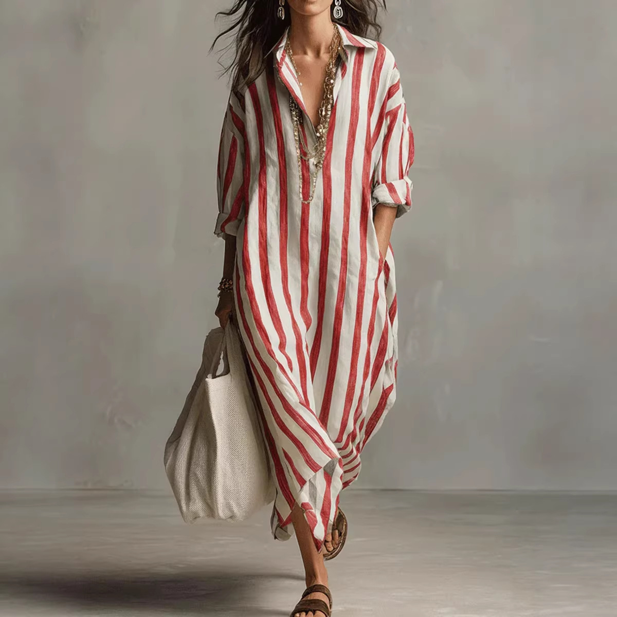 여름 우아한 턴다운 칼라 린넨 스트라이프 셔츠 드레스  - Casual Loose Linen Shirt Dress 리뷰 및 가격