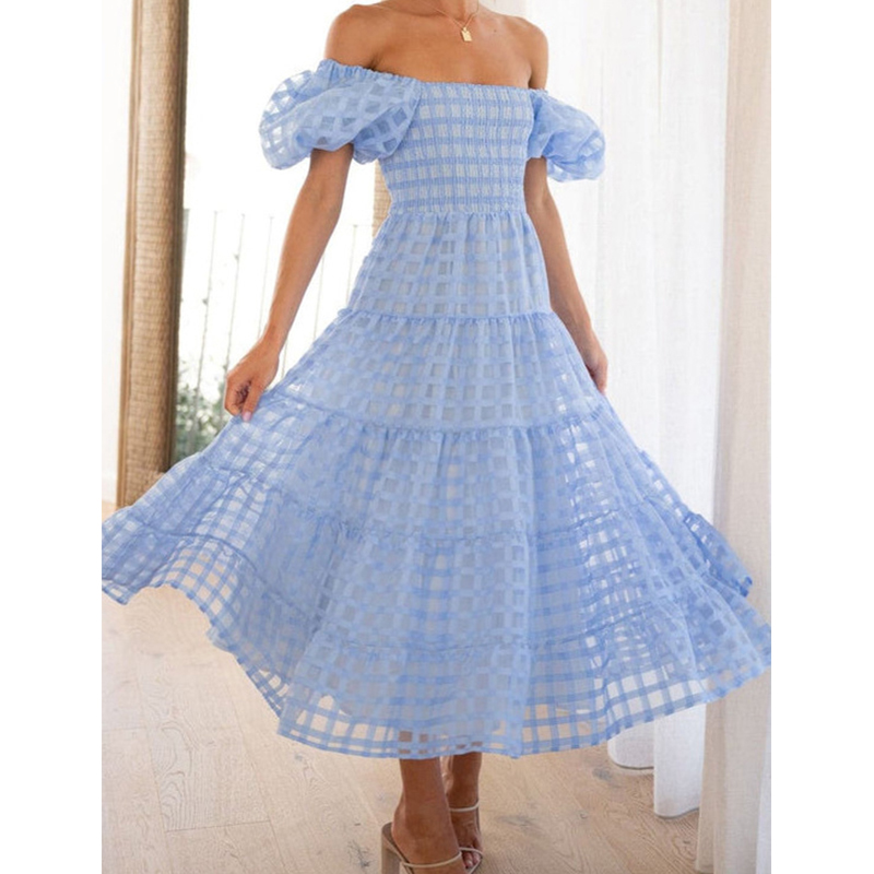 우아한 오프 어깨 여성 여름 긴 드레스 섹시한 탄성 짧 - Off Shoulder Puff Sleeve Sundress 리뷰 및 가격