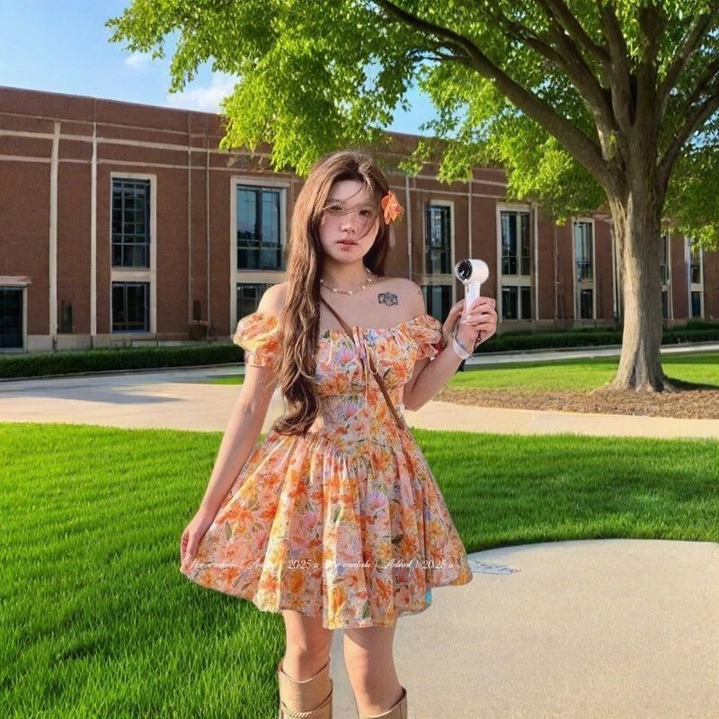 핫세일 오렌지 플로럴 프린트 오프숄더 미니 드레스 퍼프 - Off Shoulder Puff Sleeve Sundress 리뷰 및 가격