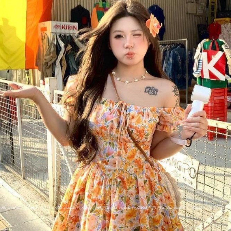 핫세일 오렌지 플로럴 프린트 오프숄더 미니 드레스 퍼프 - Off Shoulder Puff Sleeve Sundress 리뷰 및 가격
